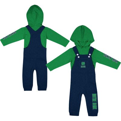Newborn & Infant Colosseum Heathered Navy/Heathered Green Notre Dame Fighting Irish Chim-Chim Long Sleeve Hoodie T-Shirt Overall Set