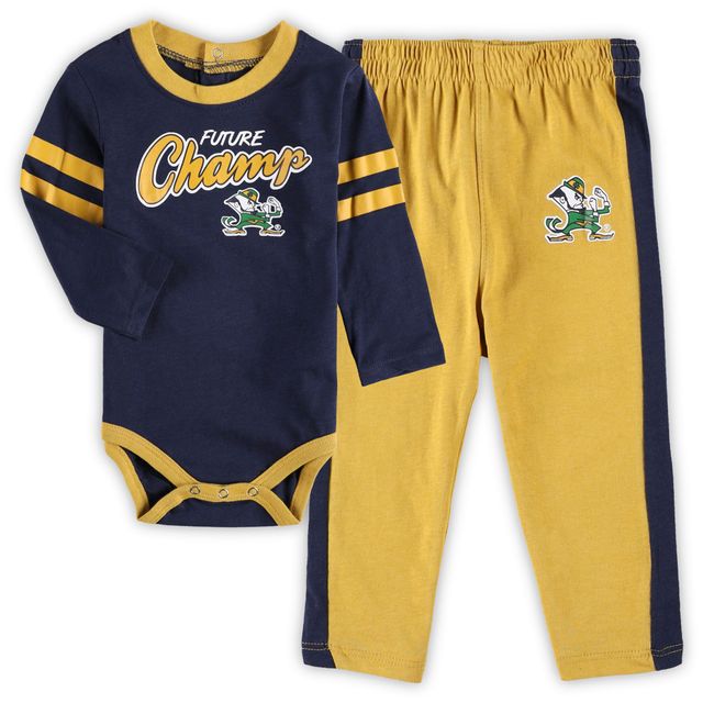 Ensemble body et pantalon de survêtement à manches longues pour nouveau-né bébé bleu marine/doré Notre Dame Fighting Irish Little Kicker