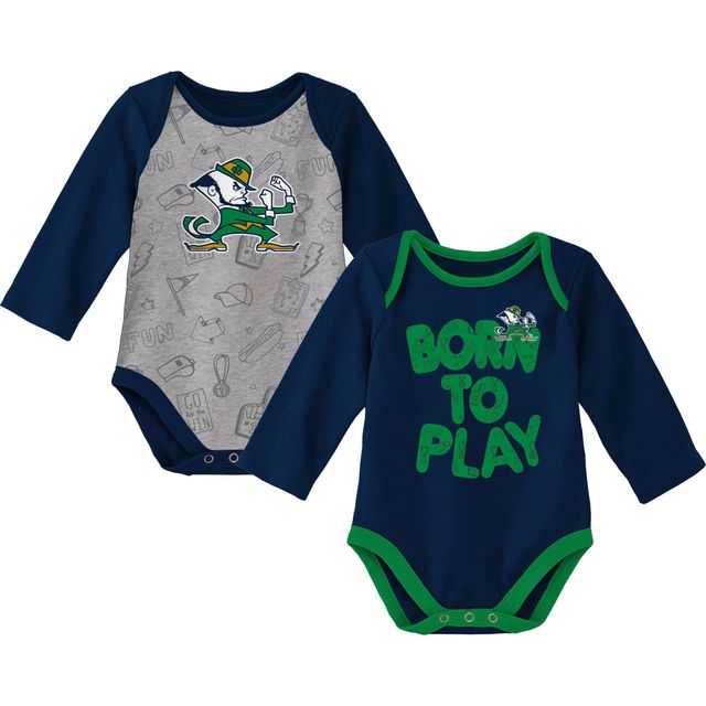 Ensemble de deux bodies à manches longues pour nouveau-né et bébé, bleu marine/gris chiné, Notre Dame Fighting Irish Born To Win