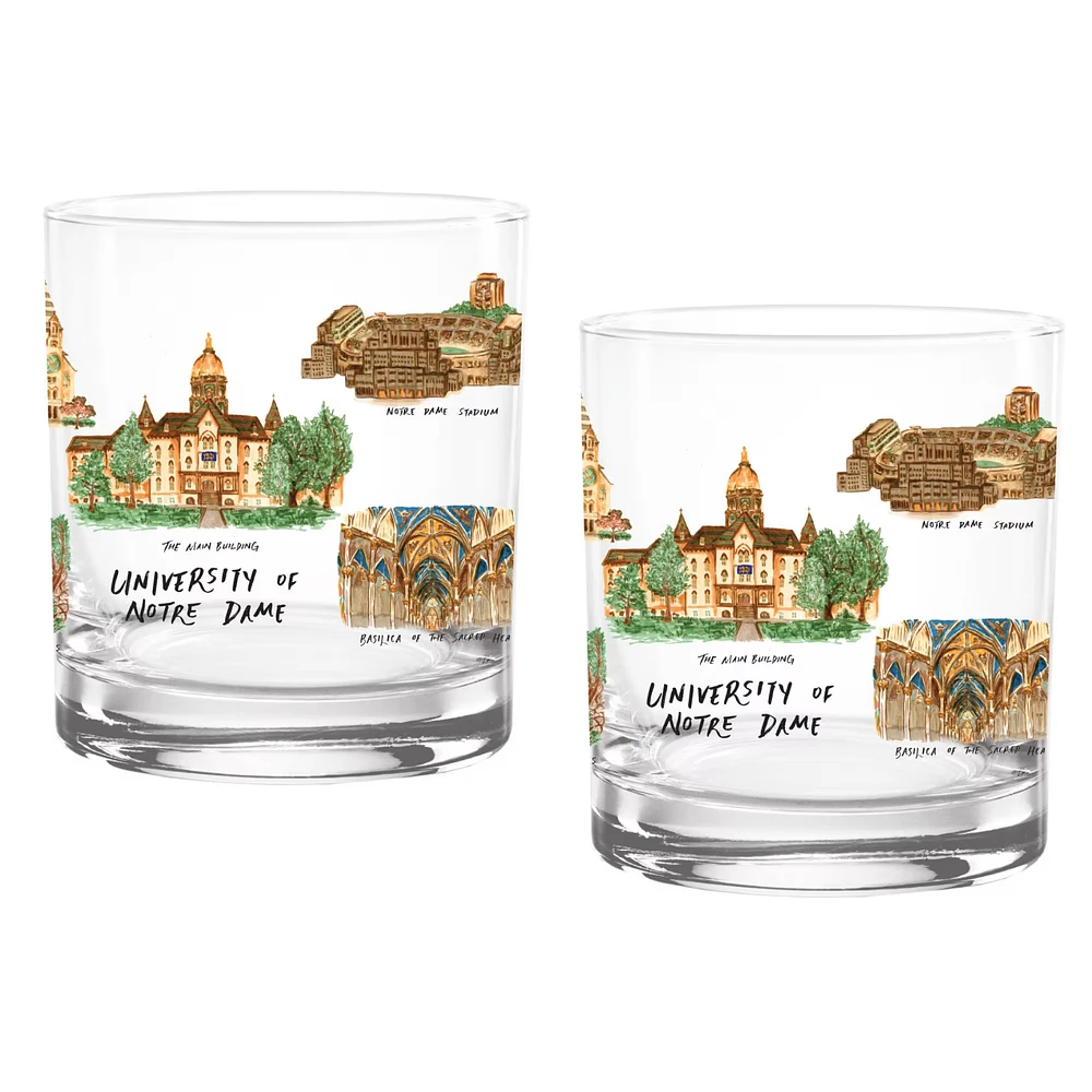 Lot de 2 verres à whisky Notre Dame Fighting Irish de 14 oz. Ensemble de roches universitaires Laura Wilcox