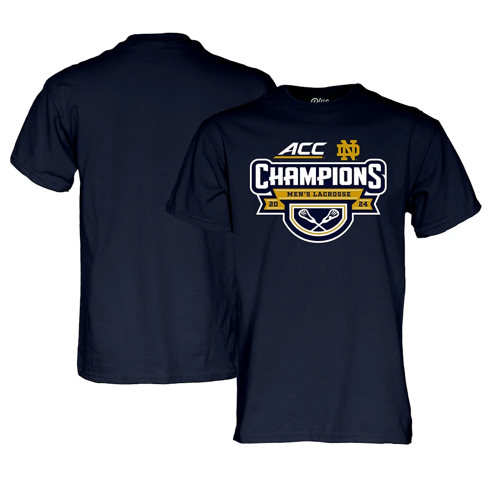 T-shirt unisexe bleu marine 84 Notre Dame Fighting Irish 2024 ACC Champions du tournoi de crosse pour hommes