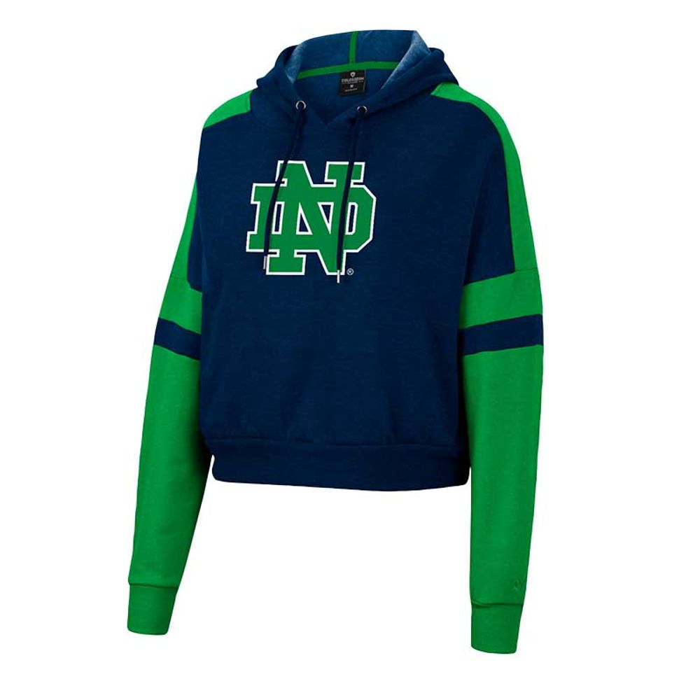 Women's Colosseum Heather Navy Notre Dame Fighting Irish Throwback Stripe Arch Logo Cropped Pullover Hoodie