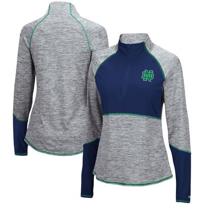 Women's Colosseum Heathered Gray/Navy Notre Dame Fighting Irish Color Block Space-Dye Raglan Quarter-Zip Top