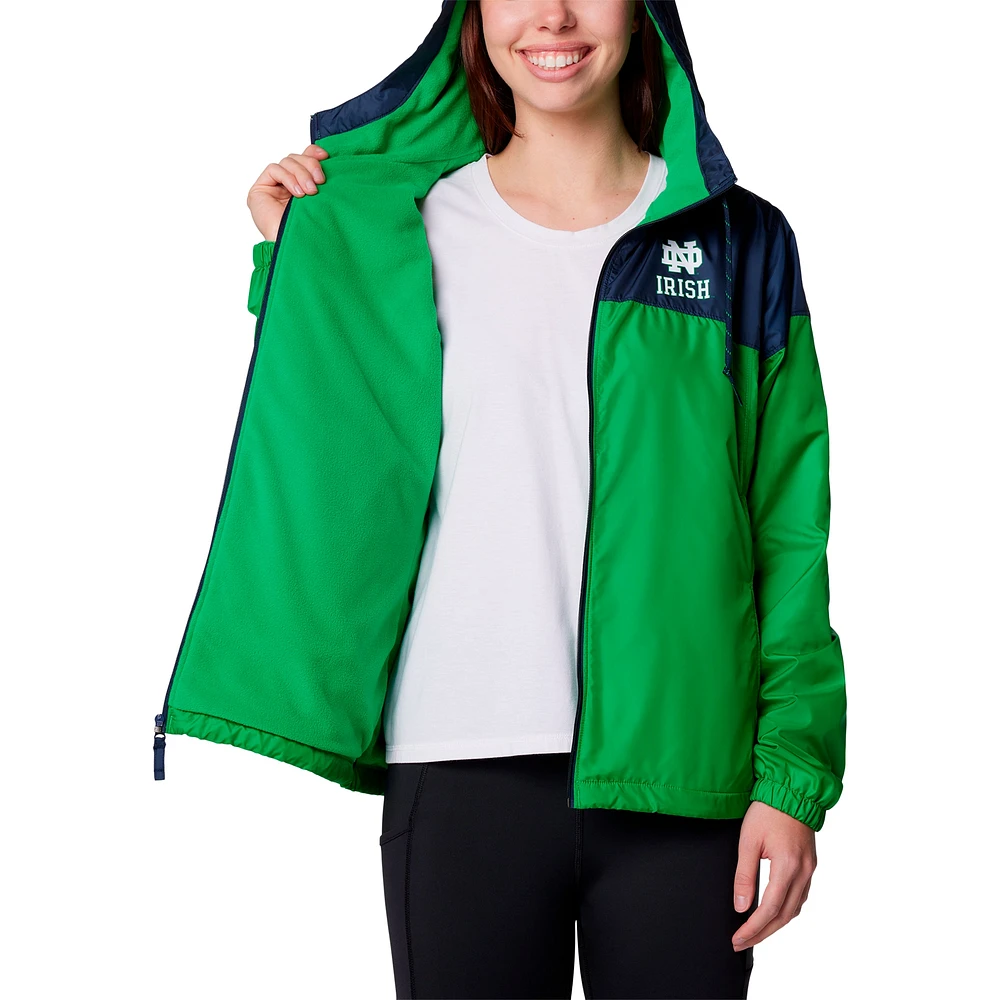 Women's Columbia Navy/Green Notre Dame Fighting Irish Flash Forward Full-Zip Hoodie Windbreaker Jacket