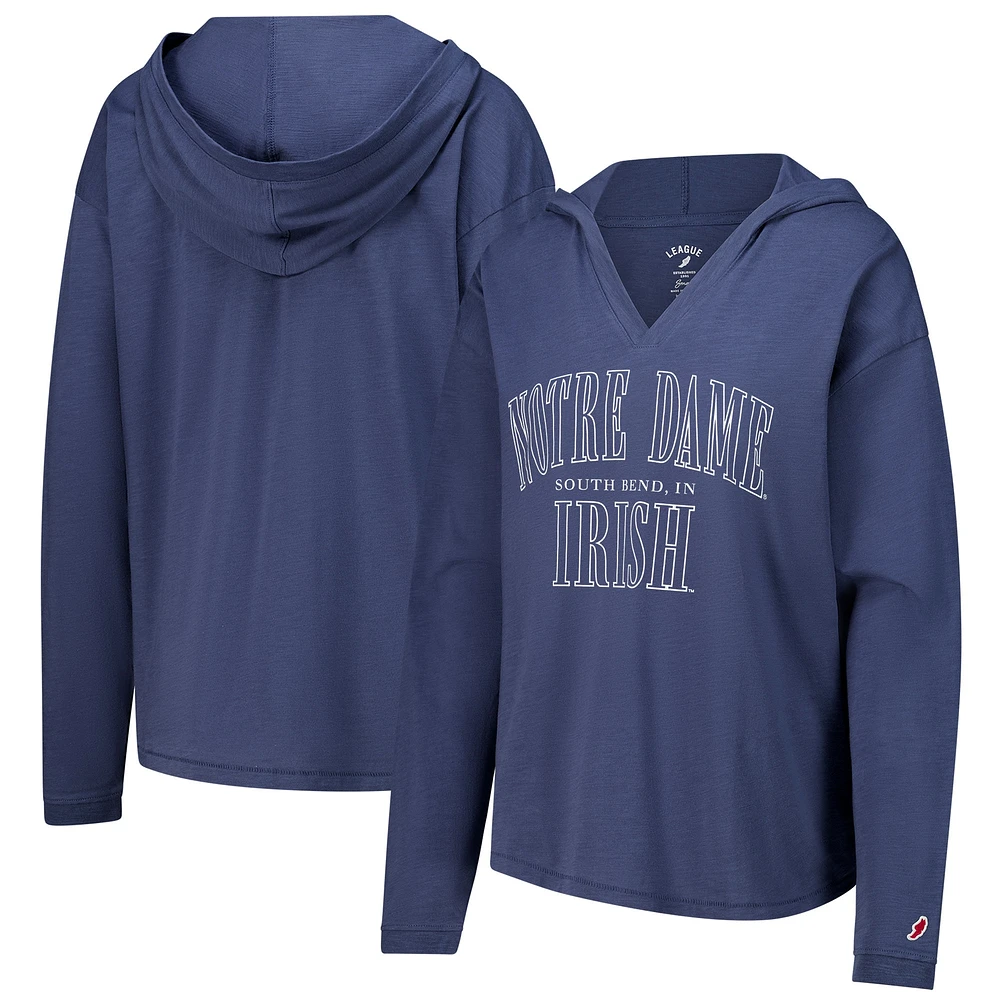 Women's League Collegiate Wear Navy Notre Dame Fighting Irish Slub Long Sleeve V-Neck Hoodie T-Shirt