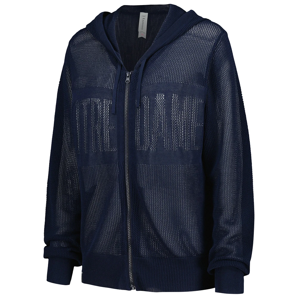 Women's Lusso Navy Notre Dame Fighting Irish Summer Tonal Mesh Full-Zip Hoodie Sweater