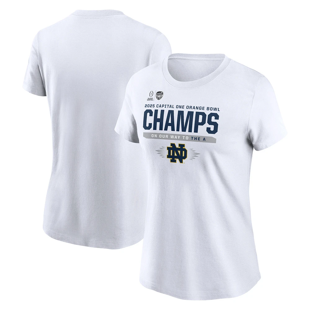 T-shirt Nike blanc pour femme Notre Dame Fighting Irish College Football Playoff 2025 Orange Bowl Champions Vestiaire