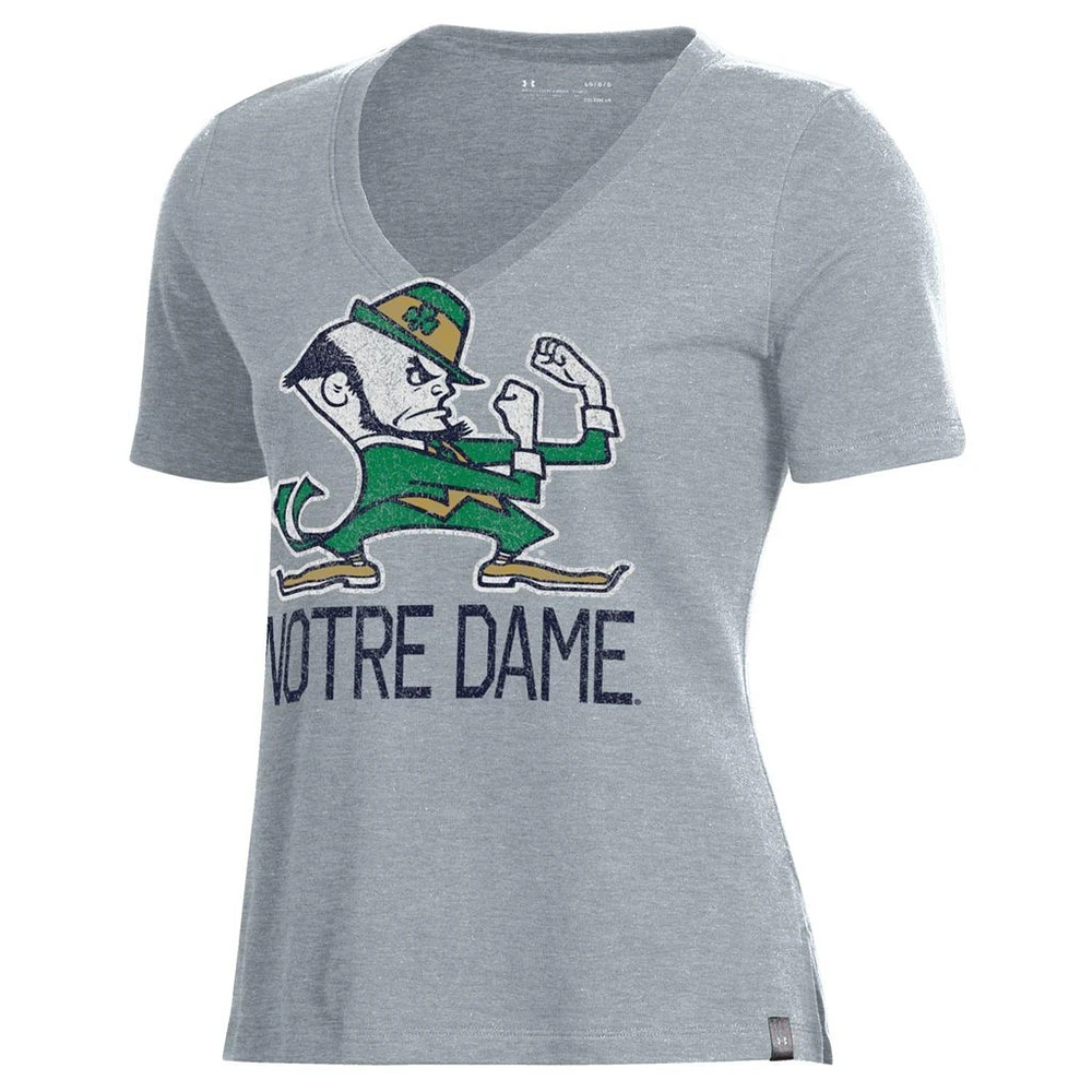 Women's Under Armour Heathered Gray Notre Dame Fighting Irish Logo Performance V-Neck T-Shirt