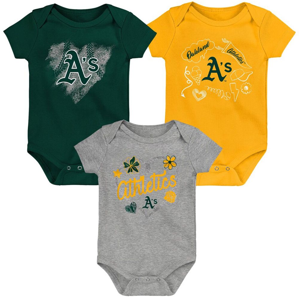 Girls Newborn & Infant Green/Gold/Heathered Gray Oakland Athletics 3-Pack Batter Up Bodysuit Set