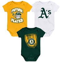 Ensemble de trois bodies pour bébé, couleur or/vert/blanc, joueur ligue mineure des Oakland Athletics