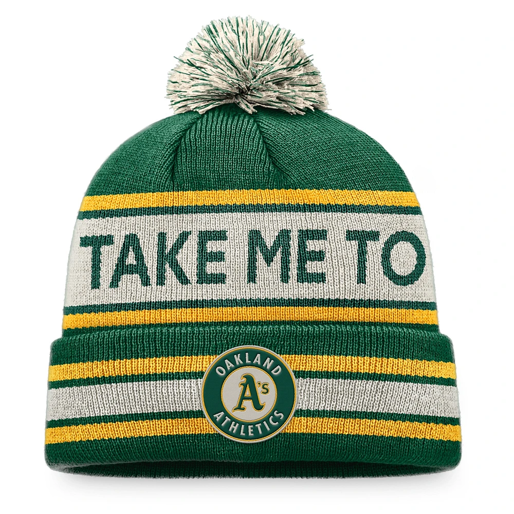 Bonnet en tricot à revers avec slogan Oakland Athletics Hometown vert/naturel pour homme Fanatics avec pompon