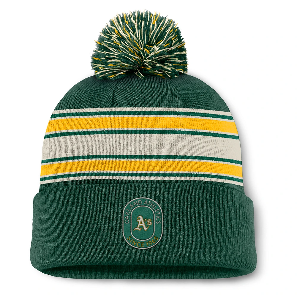 Bonnet en tricot à revers avec pompon et patch Fundamental Oakland Athletics vert Fanatics pour homme