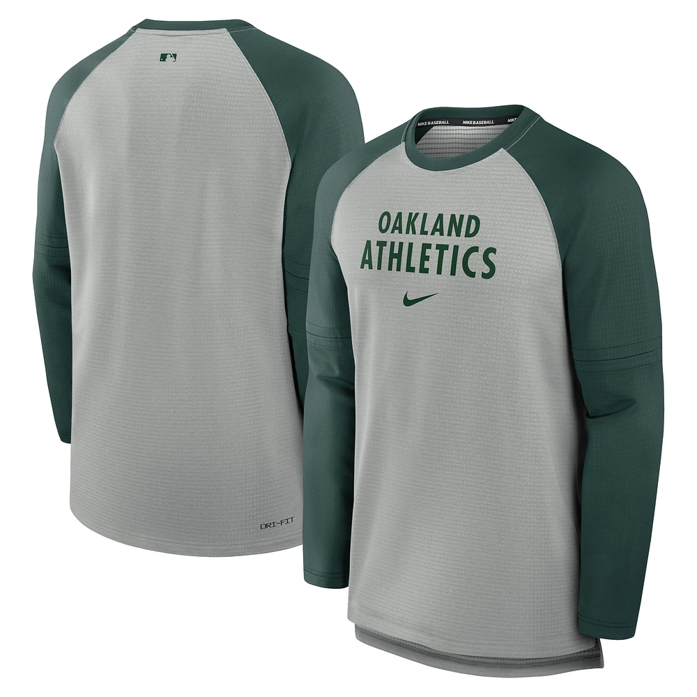 T-shirt à manches longues raglan de performance pour homme Nike Oakland Athletics Authentic Collection Game Time gris chiné/vert