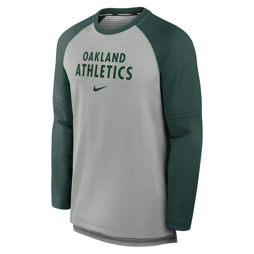 T-shirt à manches longues raglan de performance pour homme Nike Oakland Athletics Authentic Collection Game Time gris chiné/vert