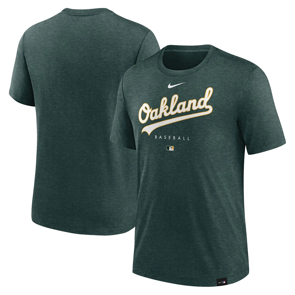 T-shirt de performance Nike Oakland Athletics Authentic Collection Early Work Tri-Blend pour homme, vert chiné