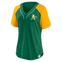 T-shirt col en V raglan vert fanatiques pour femmes de la collection Cooperstown des Oakland Athletics