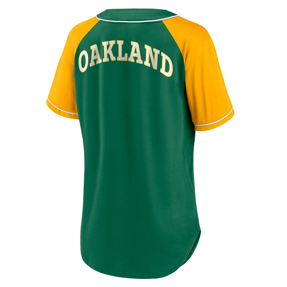 T-shirt col en V raglan vert fanatiques pour femmes de la collection Cooperstown des Oakland Athletics