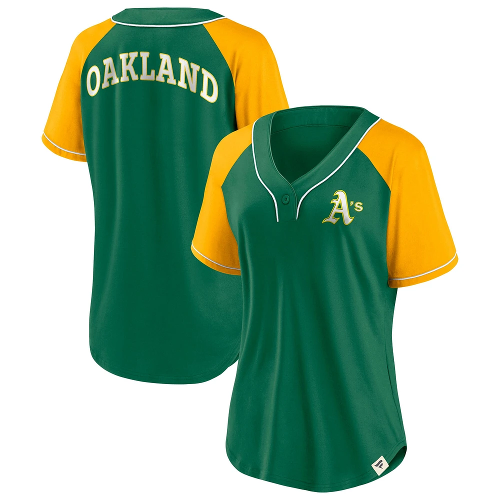 T-shirt col en V raglan vert fanatiques pour femmes de la collection Cooperstown des Oakland Athletics