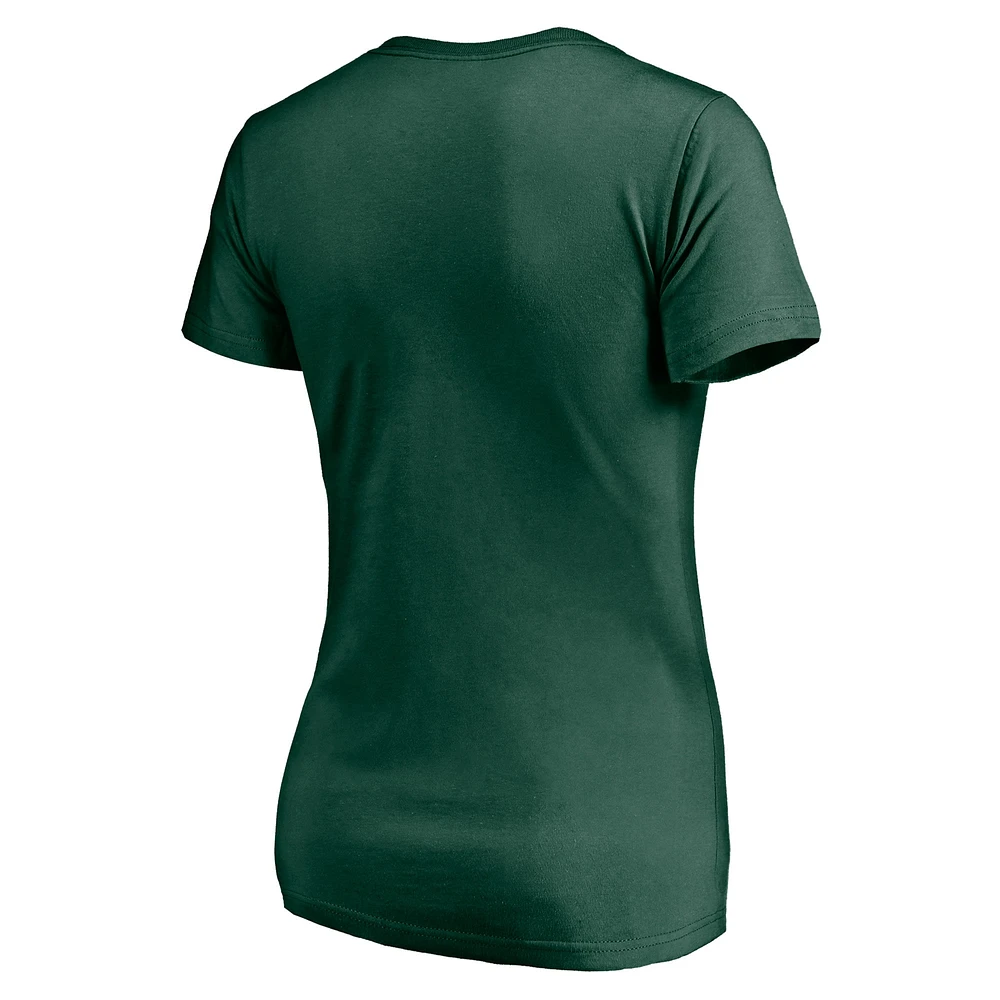 T-shirt col en V vert fanatiques pour femmes avec mascotte des Oakland Athletics