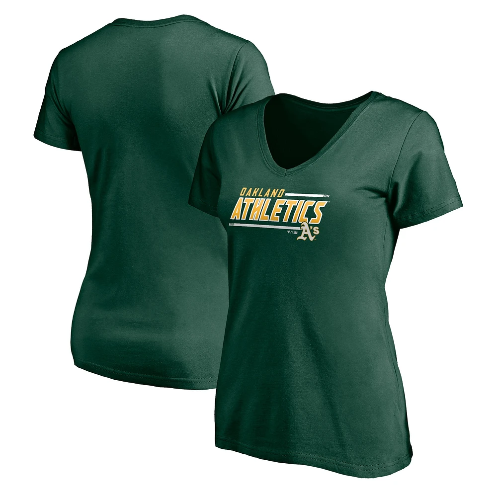 T-shirt col en V vert fanatiques pour femmes avec mascotte des Oakland Athletics