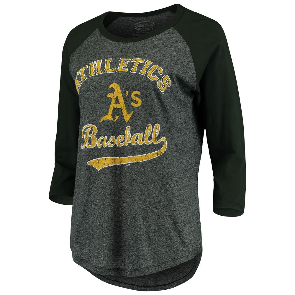 Women's Oakland Athletics Majestic Threads Green Team Baseball Three-Quarter  Raglan Sleeve Tri-Blend T-Shirt