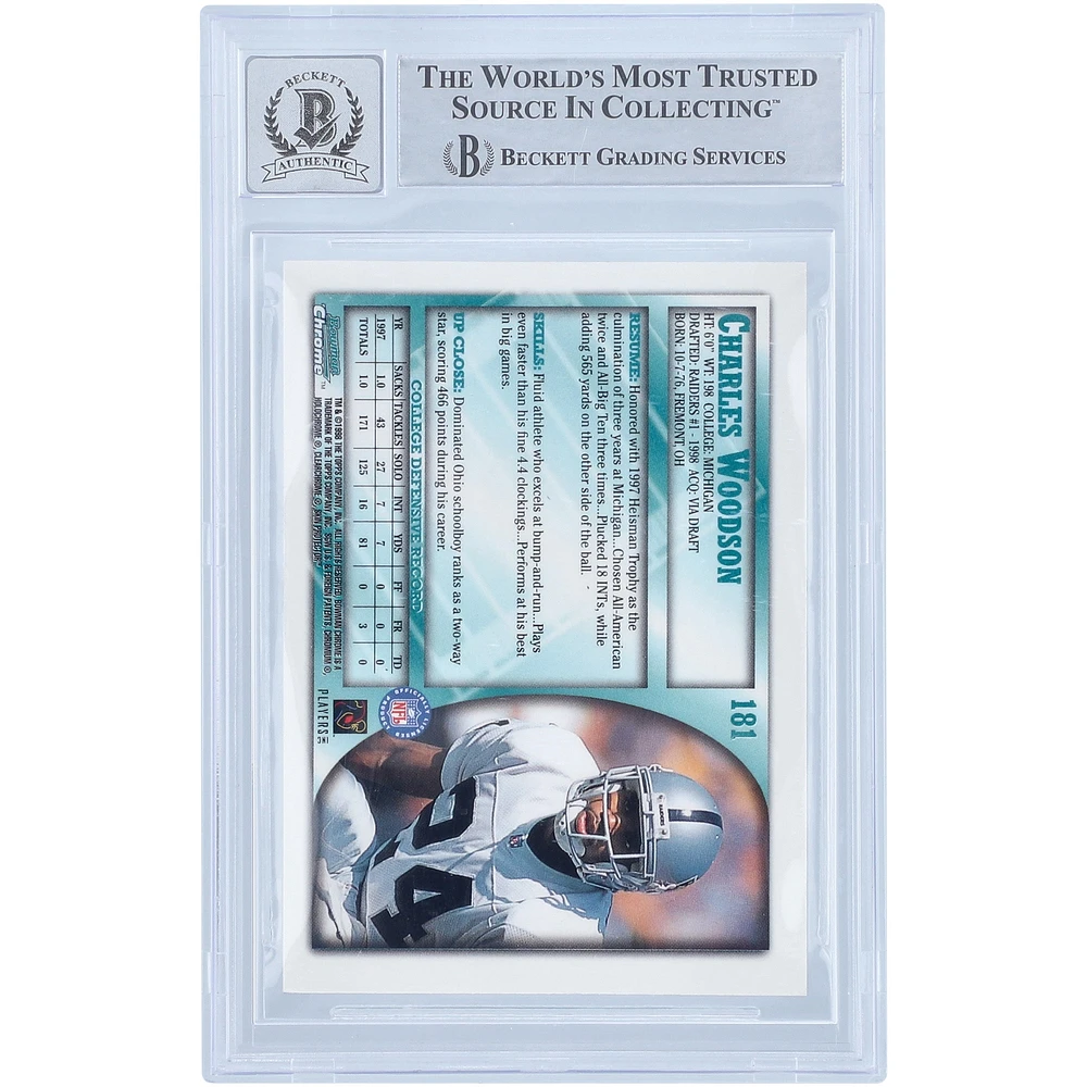 Charles Woodson Oakland Raiders Autographed 1998 Bowman Chrome #181 Beckett Fanatics Witnessed Authenticated 10 Rookie Card