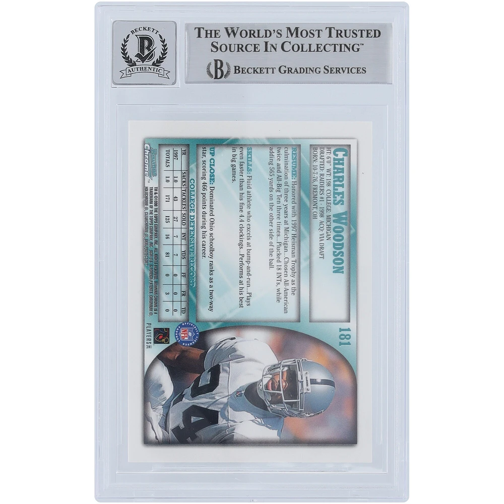 Charles Woodson Oakland Raiders Autographed 1998 Bowman Chrome #181 Beckett Fanatics Witnessed Authenticated 9/10 Rookie Card