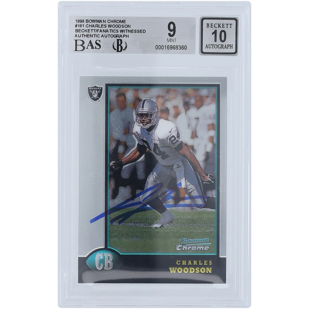 Charles Woodson Oakland Raiders Autographed 1998 Bowman Chrome #181 Beckett Fanatics Witnessed Authenticated 9/10 Rookie Card
