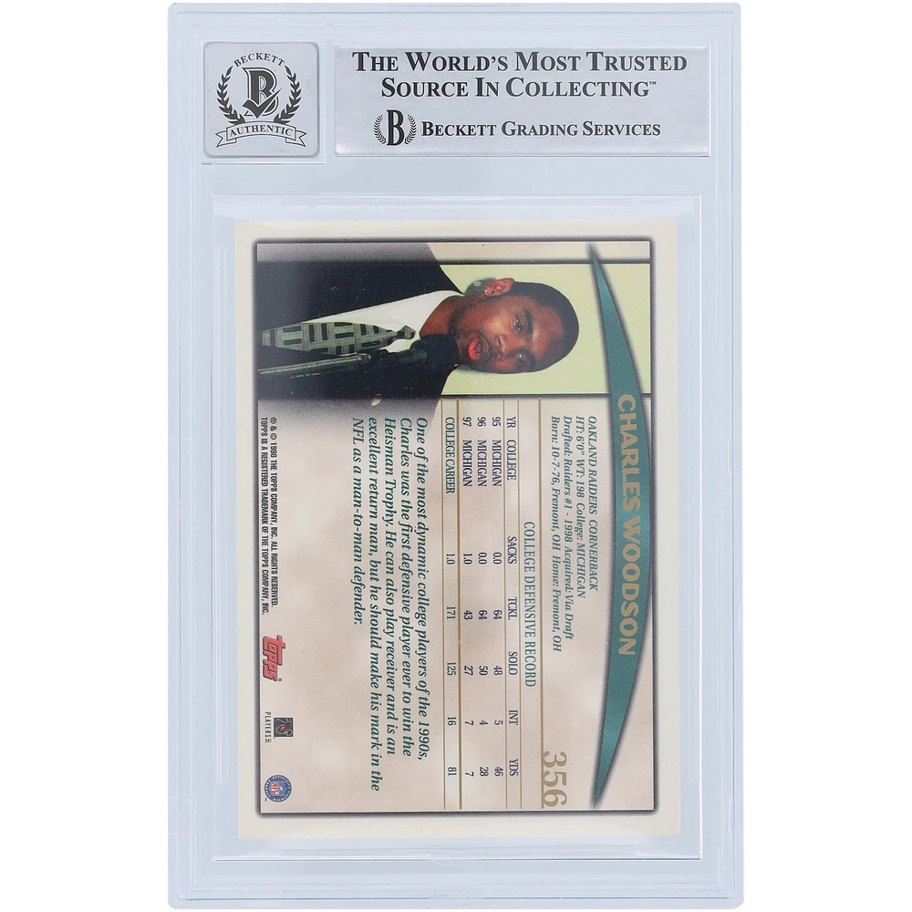 Charles Woodson Oakland Raiders Autographed 1998 Topps #356 Beckett Fanatics Witnessed Authenticated 10 Rookie Card with "HOF 21" Inscription