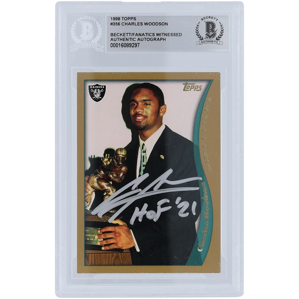 Carte de recrue authentifiée signée par Charles Woodson Oakland Raiders, série 1 Topps 1998, encre argentée #356 Beckett Fanatics, avec inscription « HOF 21 »