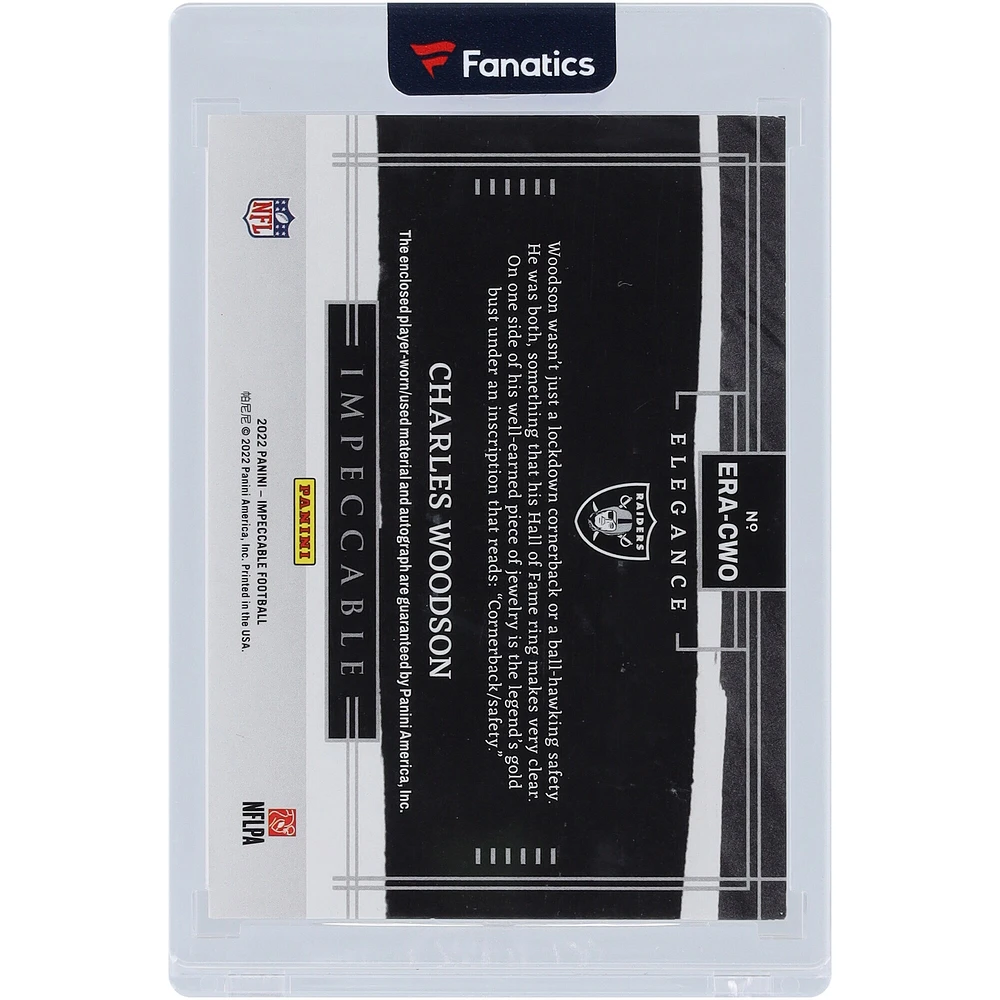 Charles Woodson Oakland Raiders Autographed 2022 Panini Impeccable Emerald Dual-Color Relic #ERA-CWO #2/2 Card