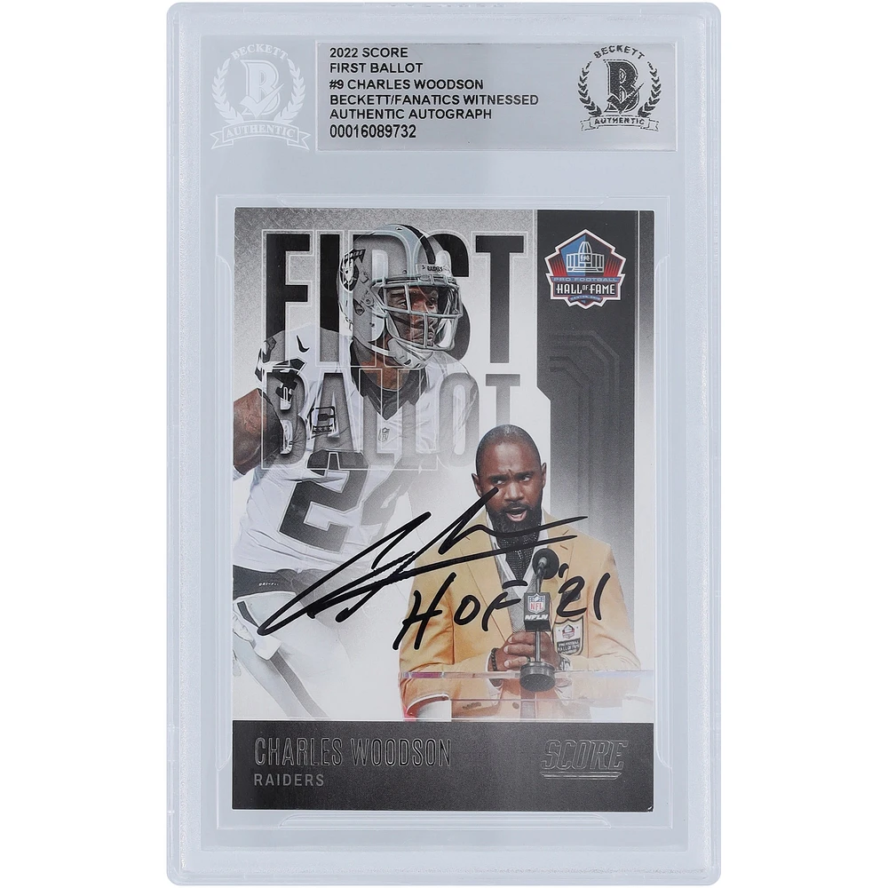 Carte Panini 2022 autographiée par Charles Woodson Oakland Raiders #FB-CW Beckett Fanatics Witnessed Authenticated Card avec l'inscription "HOF 21"