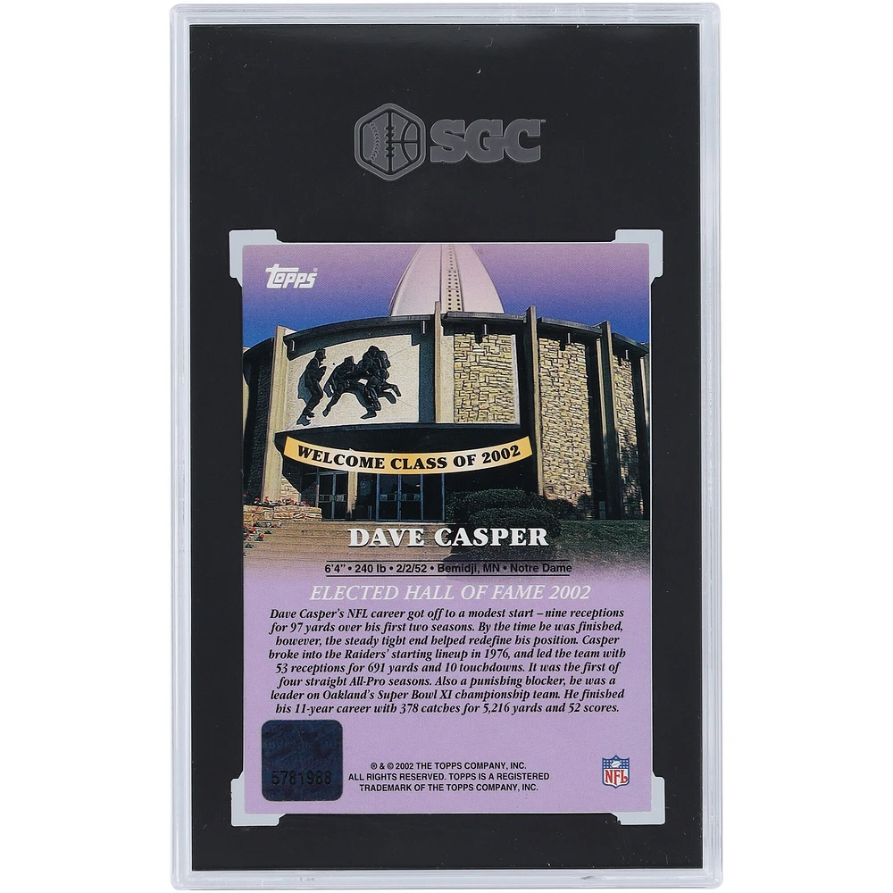 Dave Casper Oakland Raiders Autographed 2002 Topps Hall of Fame #NNO SGC Authenticated 9.5/10 Card with "HOF 02" Inscription