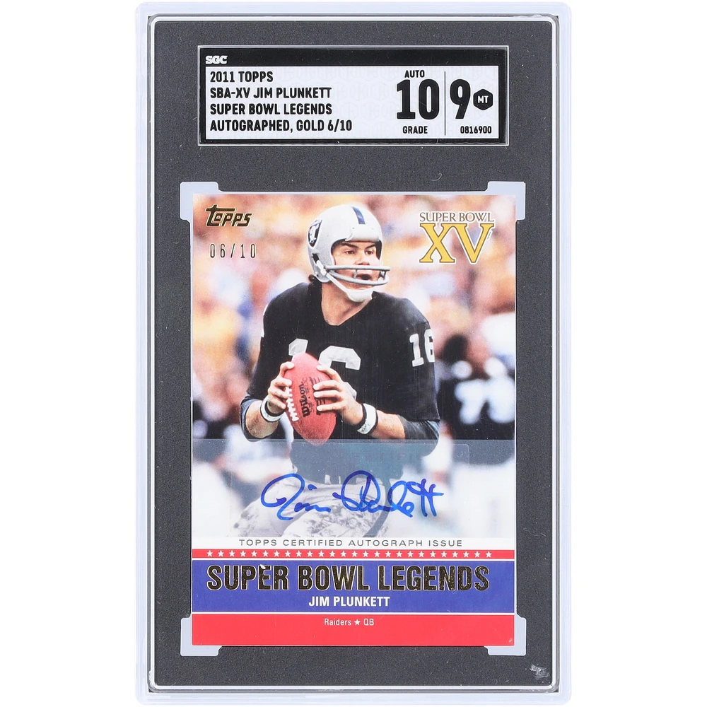 Jim Plunkett Oakland Raiders Autographed 2011 Topps Super Bowl Legends Gold #SBA-XV #6/10 SGC Authenticated 9/10 Card