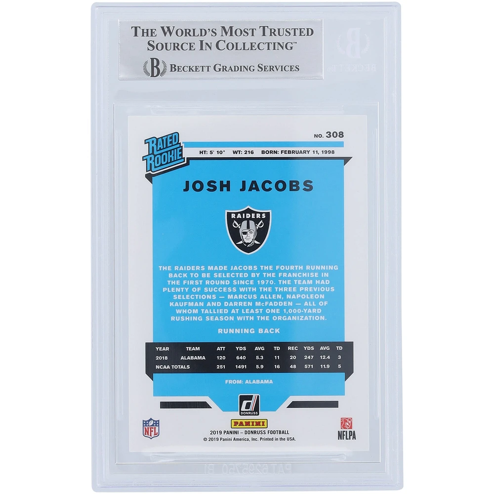 Josh Jacobs Oakland Raiders Autographed 2019 Panini Donruss Rated Rookie #308 Beckett Fanatics Witnessed Authenticated Rookie Card 