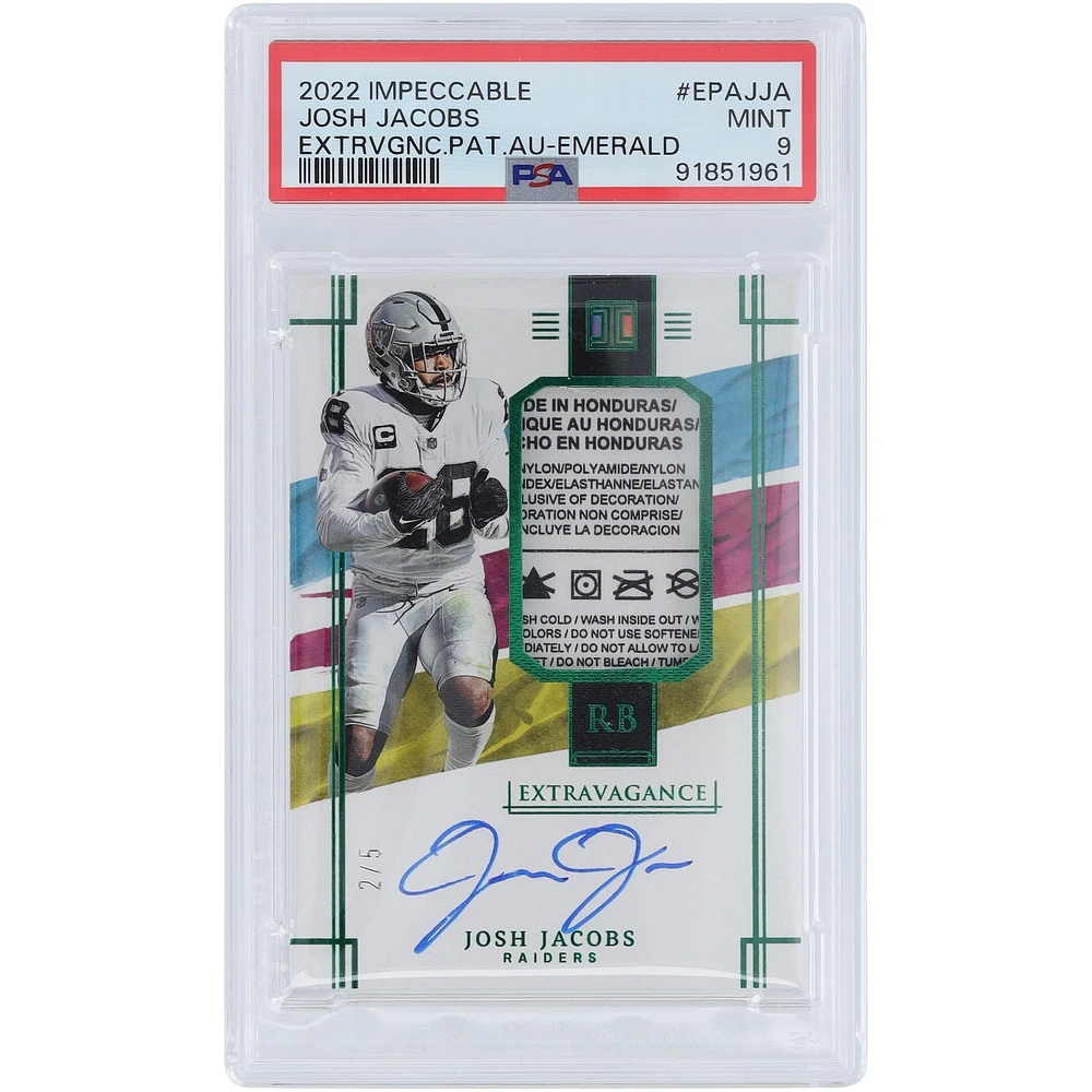 Étiquette de blanchisserie Panini Impeccable autographiée par Josh Jacobs Oakland Raiders 2022 Emerald #EPA-JJA #2/5 PSA 9 cartes authentifiées
