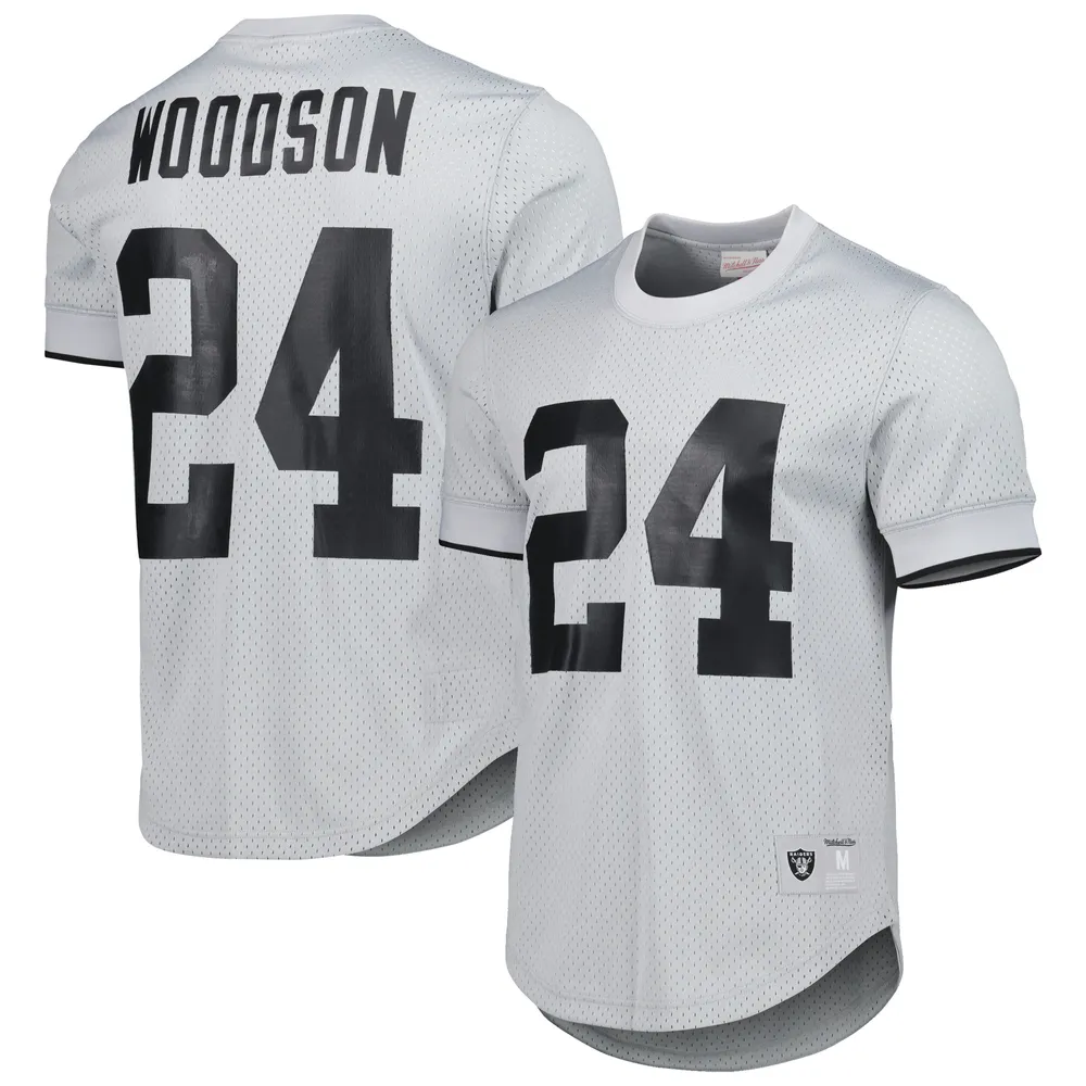 Mitchell & Ness Charles Woodson pour hommes, gris, Oakland Raiders, nom et numéro du joueur retraité, haut en maille