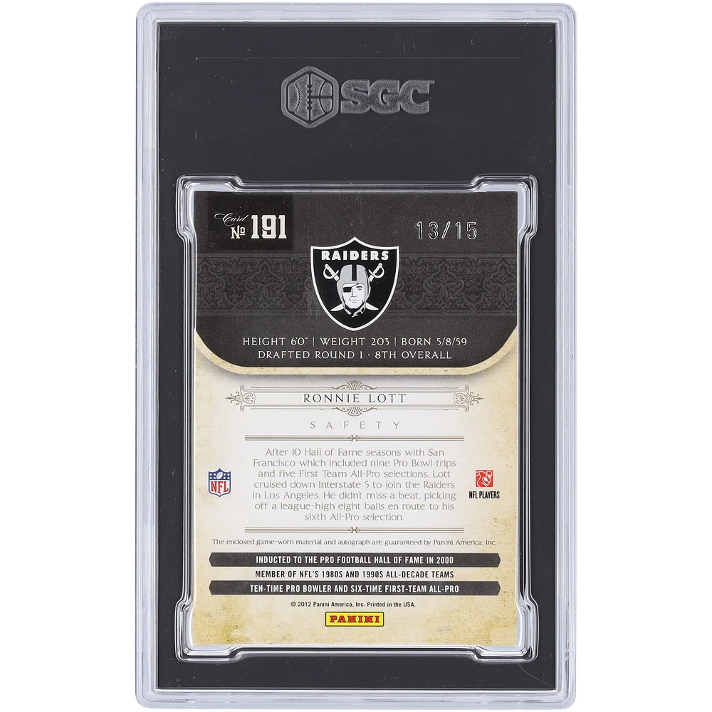 Ronnie Lott Oakland Raiders Autographed 2011 Playoff National Treasures Dual-Color Relic #191 #13/15 SGC Authenticated 8.5/10 Card 