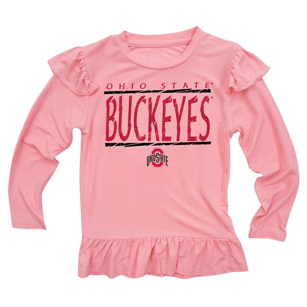 Ensemble de nuit pour bébé Wes & Willy Pink Ohio State Buckeyes avec t-shirt à manches longues volants et pantalon imprimé cœur