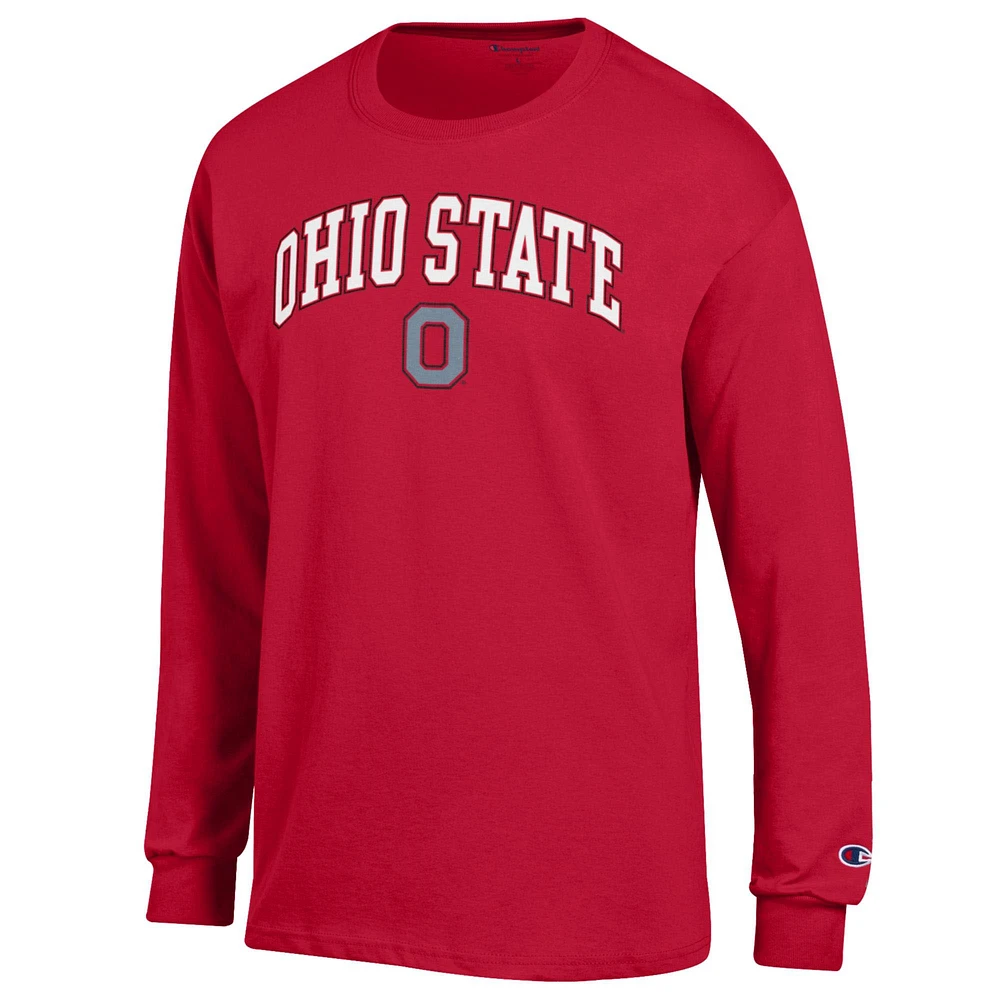 T-shirt à manches longues avec logo Arch Over Champion Scarlet Ohio State Buckeyes pour homme