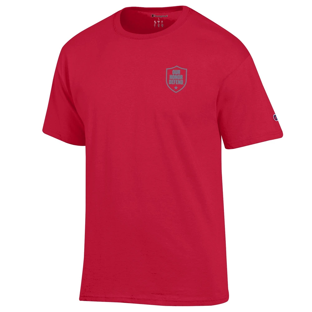 Men's Champion Scarlet Ohio State Buckeyes Our Honor Defend Shield T-Shirt