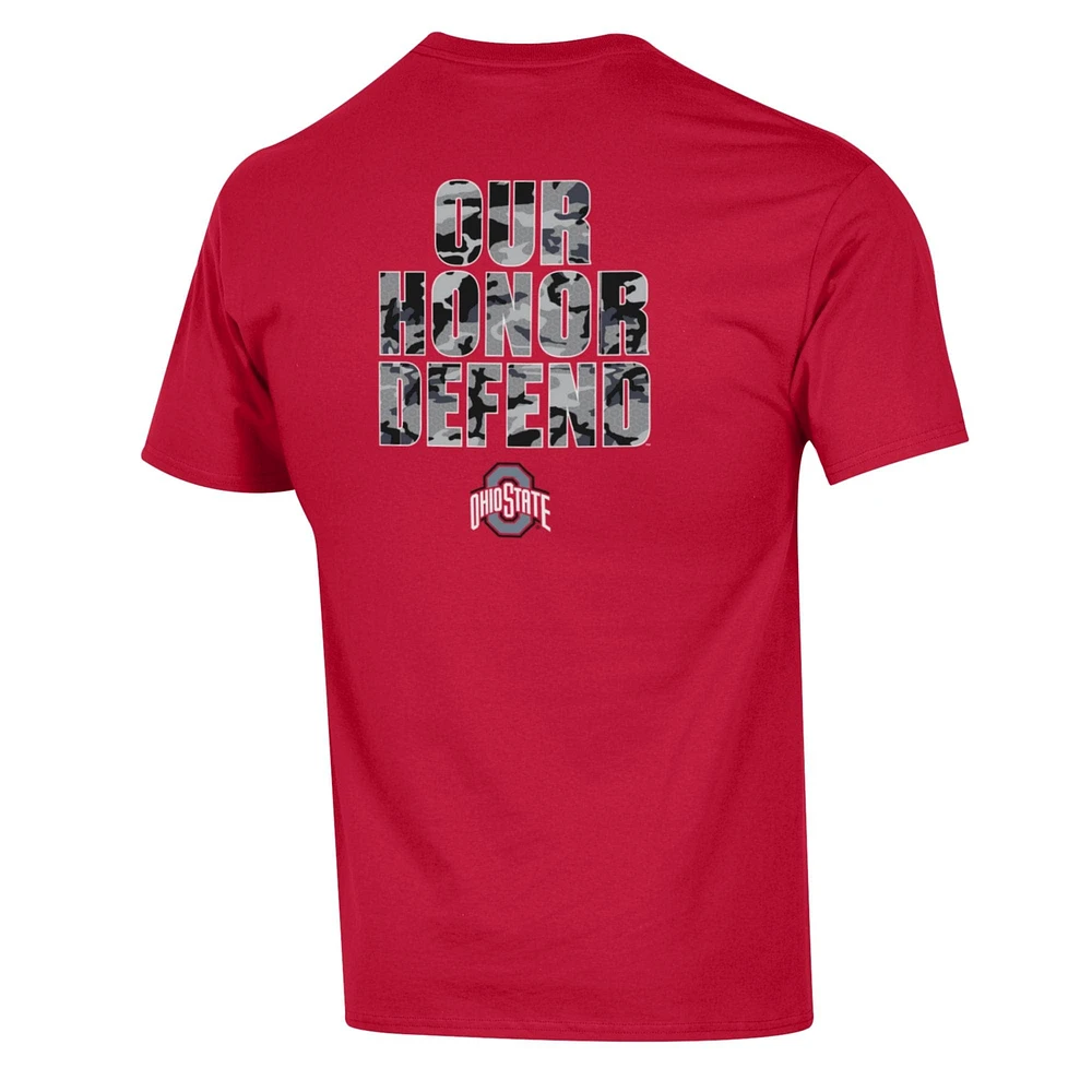 Men's Champion Scarlet Ohio State Buckeyes Our Honor Defend Shield T-Shirt