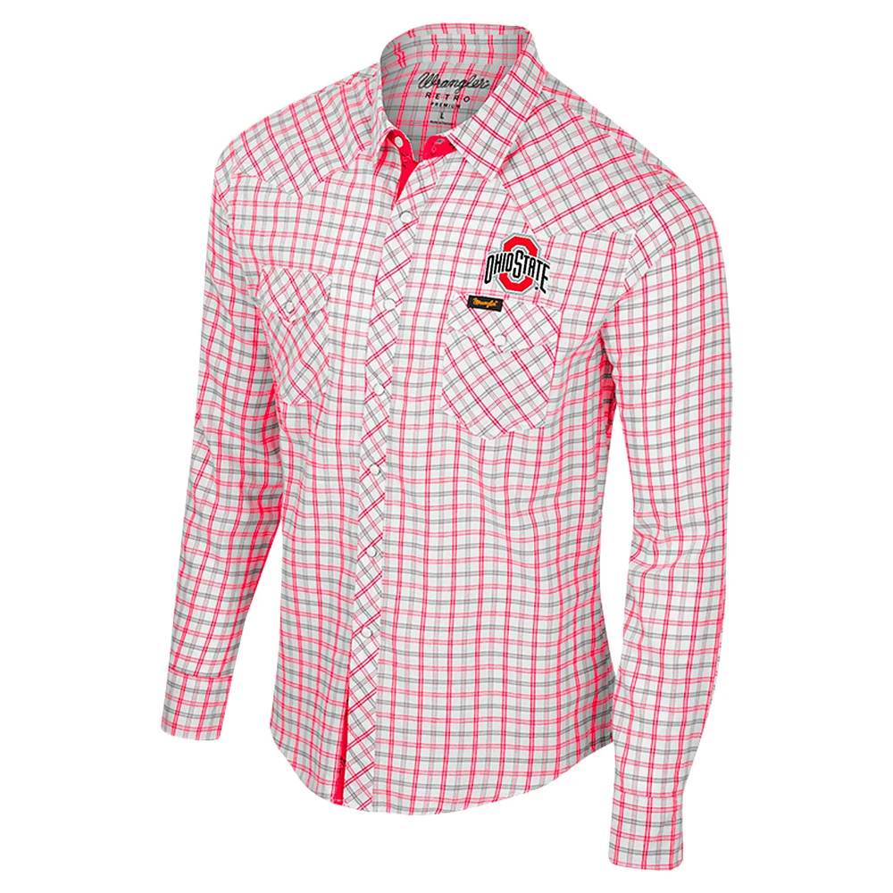 Men's Colosseum x Wrangler White Ohio State Buckeyes Plaid Window Pane Long Sleeve Full-Snap Shirt