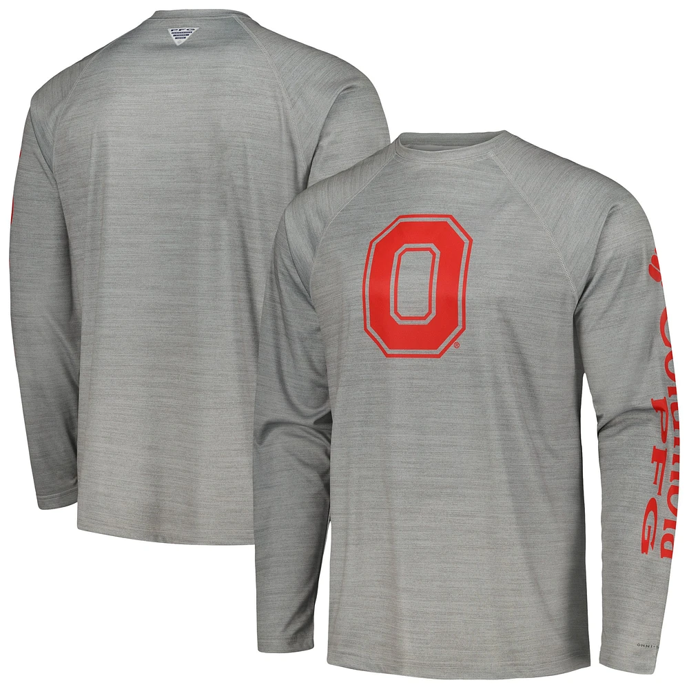 Columbia Grey Ohio State Buckeyes PFG Terminal Tackle Omni-Shade Raglan T-shirt à manches longues pour homme