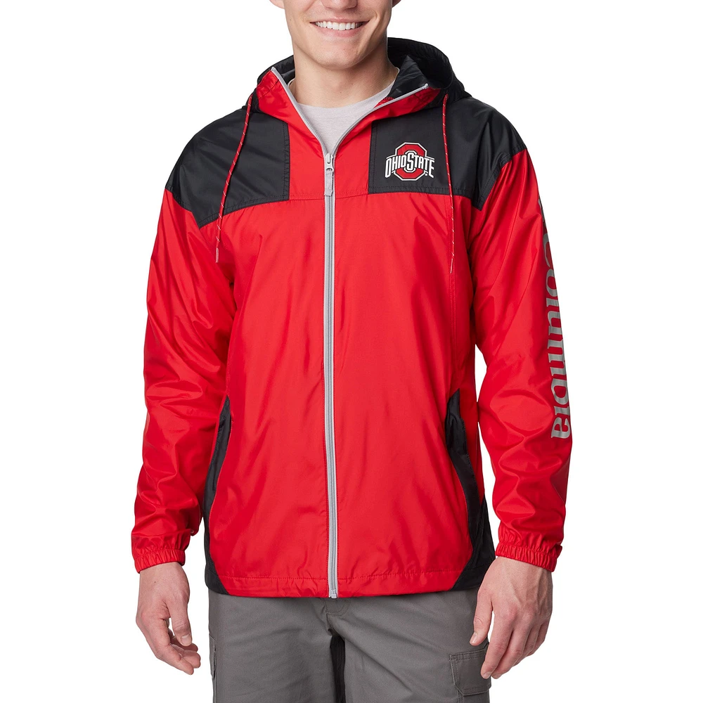 Veste à capuche coupe-vent entièrement zippée Columbia Scarlet Ohio State Buckeyes Flash Challenger Omni-Shade pour hommes