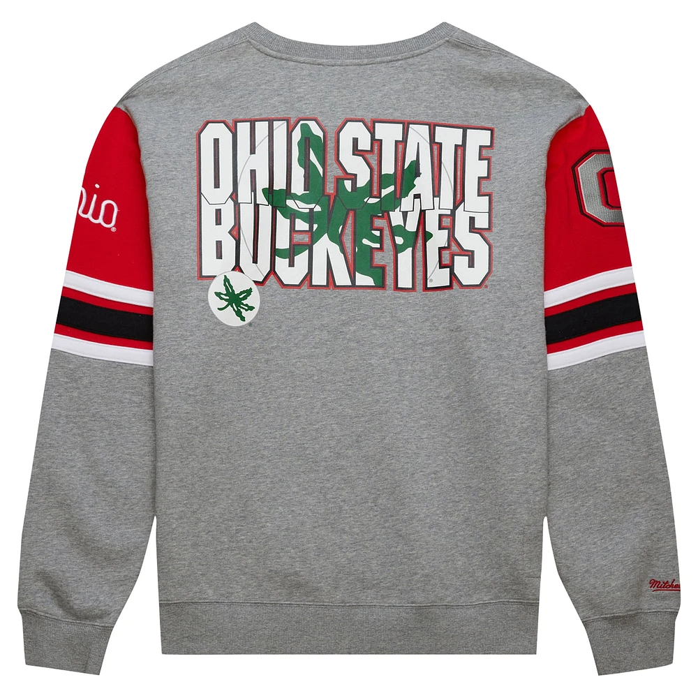 Men's Mitchell & Ness Grey Heather Ohio State Buckeyes Throwback Allover 4.0 Pullover Sweatshirt