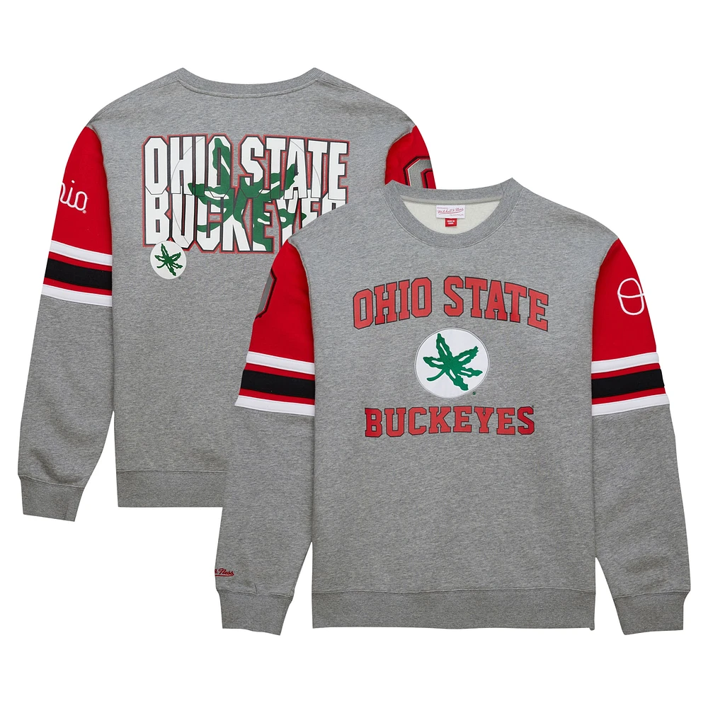 Men's Mitchell & Ness Grey Heather Ohio State Buckeyes Throwback Allover 4.0 Pullover Sweatshirt