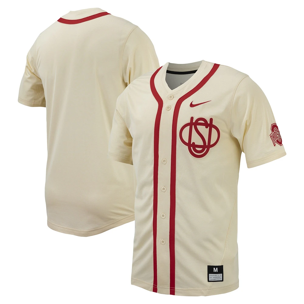 Maillot de baseball réplique à bouton intégral Nike Ohio State Buckeyes pour homme crème