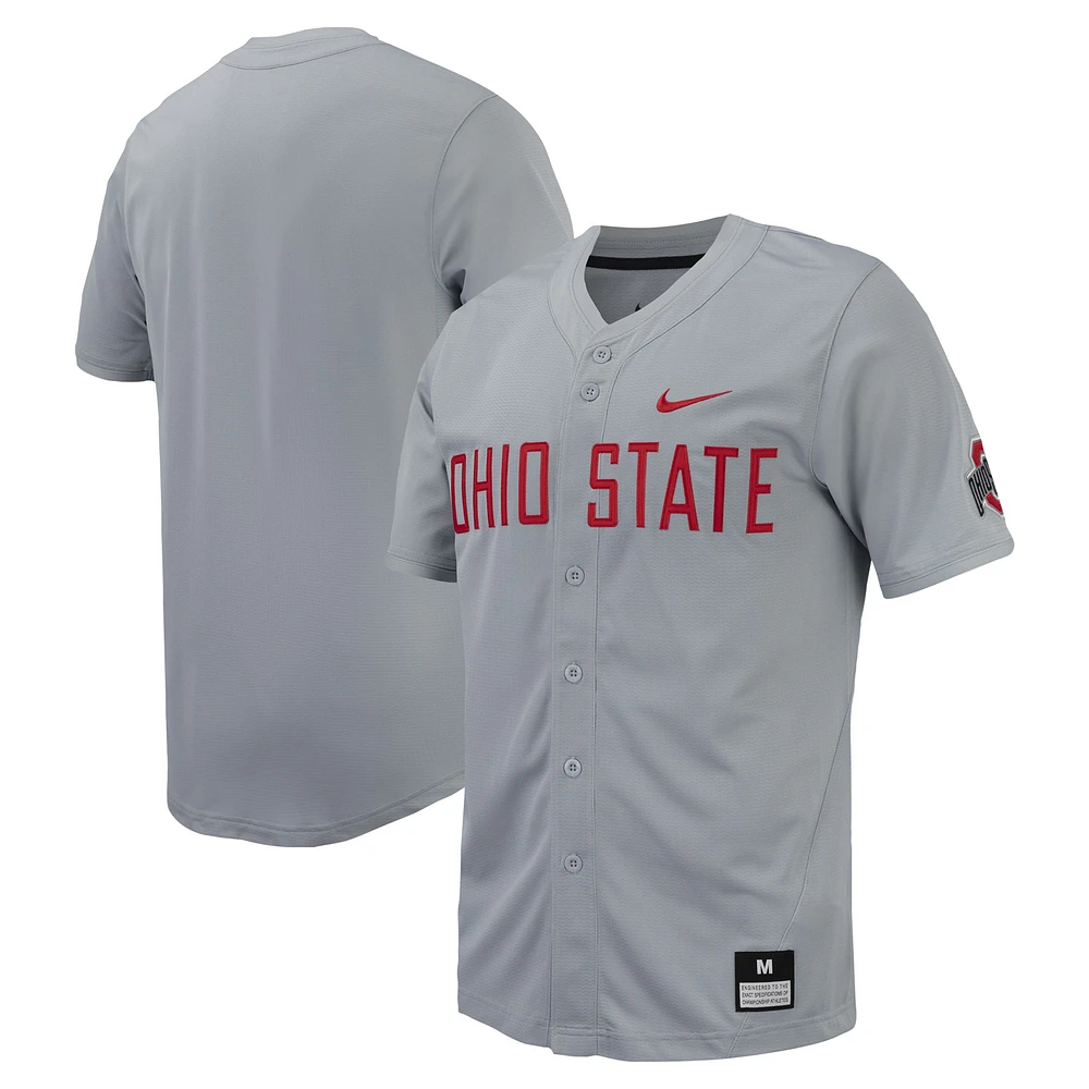 Maillot de baseball réplique à boutons complets Nike pour hommes, gris Ohio State Buckeyes