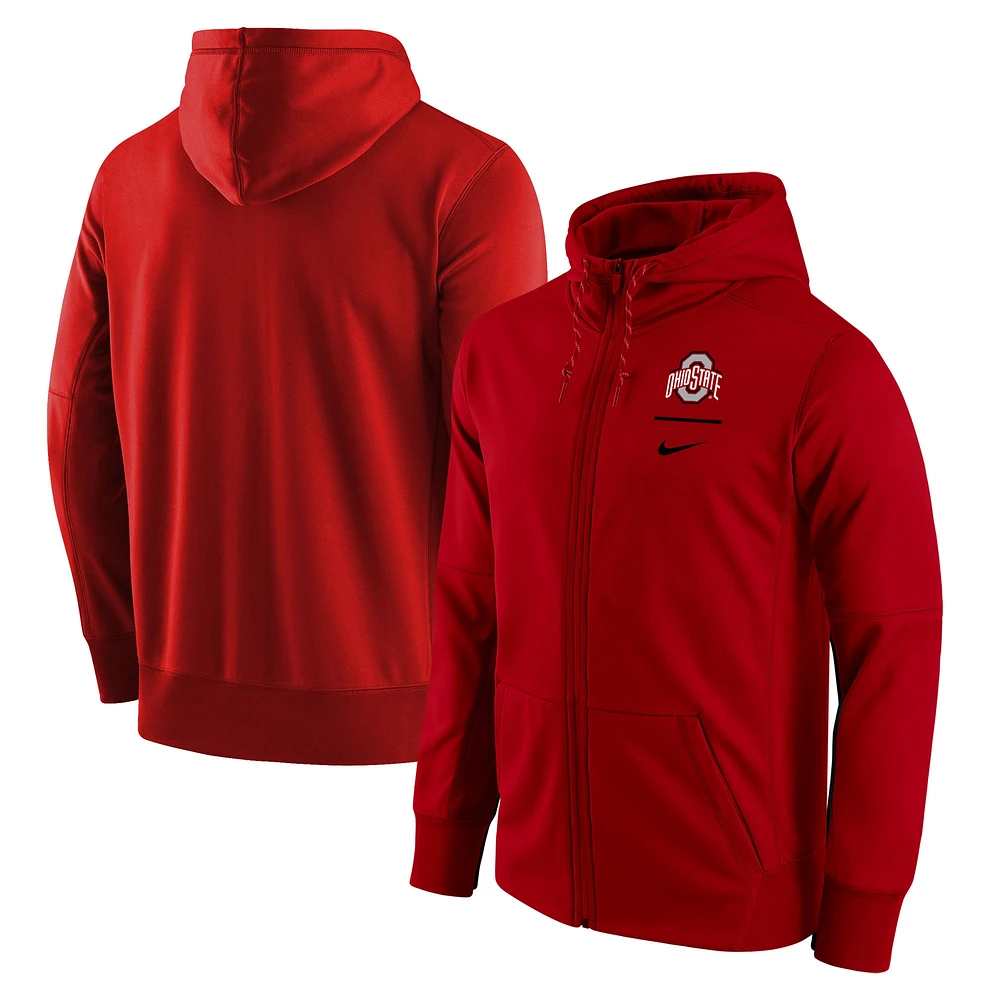 Sweat à capuche entièrement zippé Nike Scarlet Ohio State Buckeyes Logo Stack Therma Performance pour homme